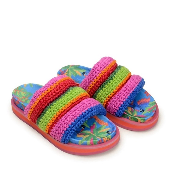 Farm Rio Womens Blue Macaw Crochet Anatomic Slide Sandals Made In Brazil Size 10 - Picture 7 of 10